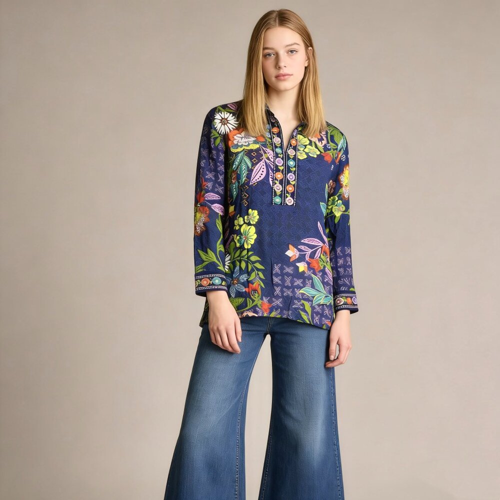 NWOT John Mark Floral Embroidered 3/4 Cuff Sleeve Top Blouse Shirt XS